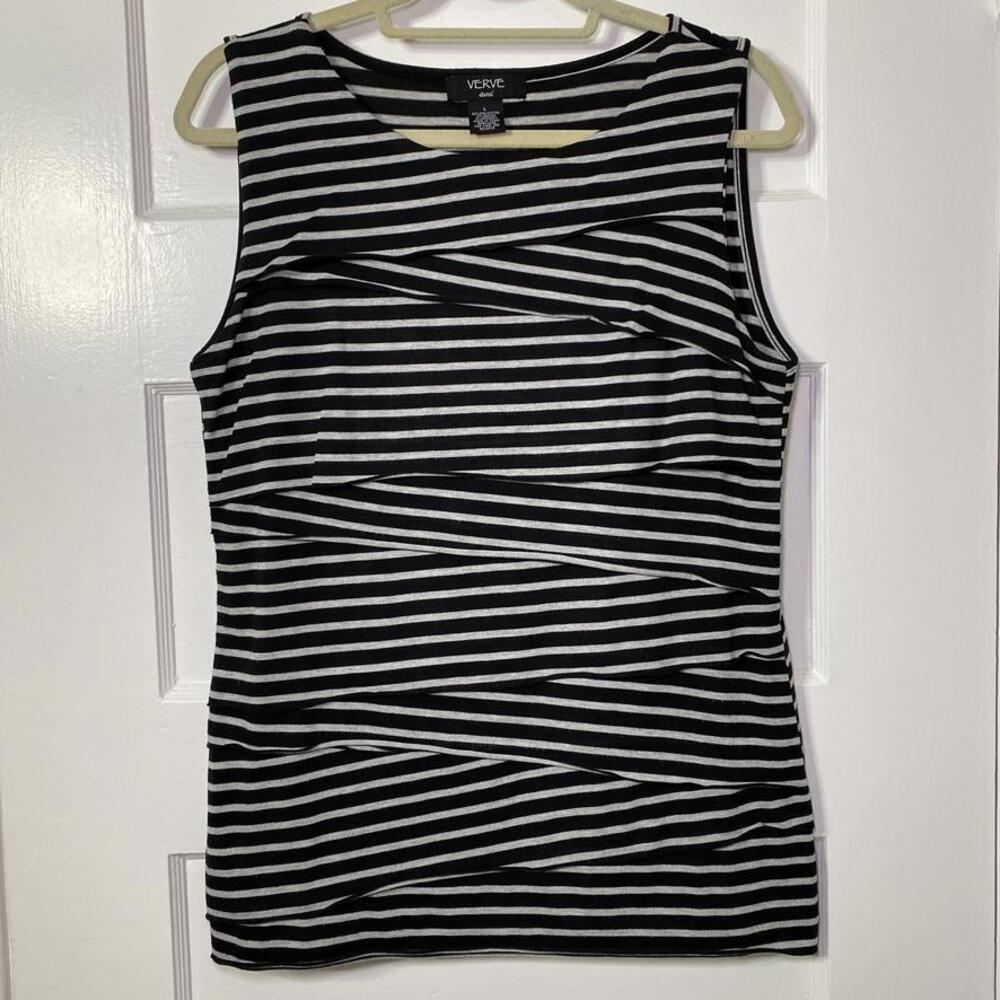 Verve Ami Gray & Black Striped Sleeveless Top Large Womens Minimalist Mod Goth